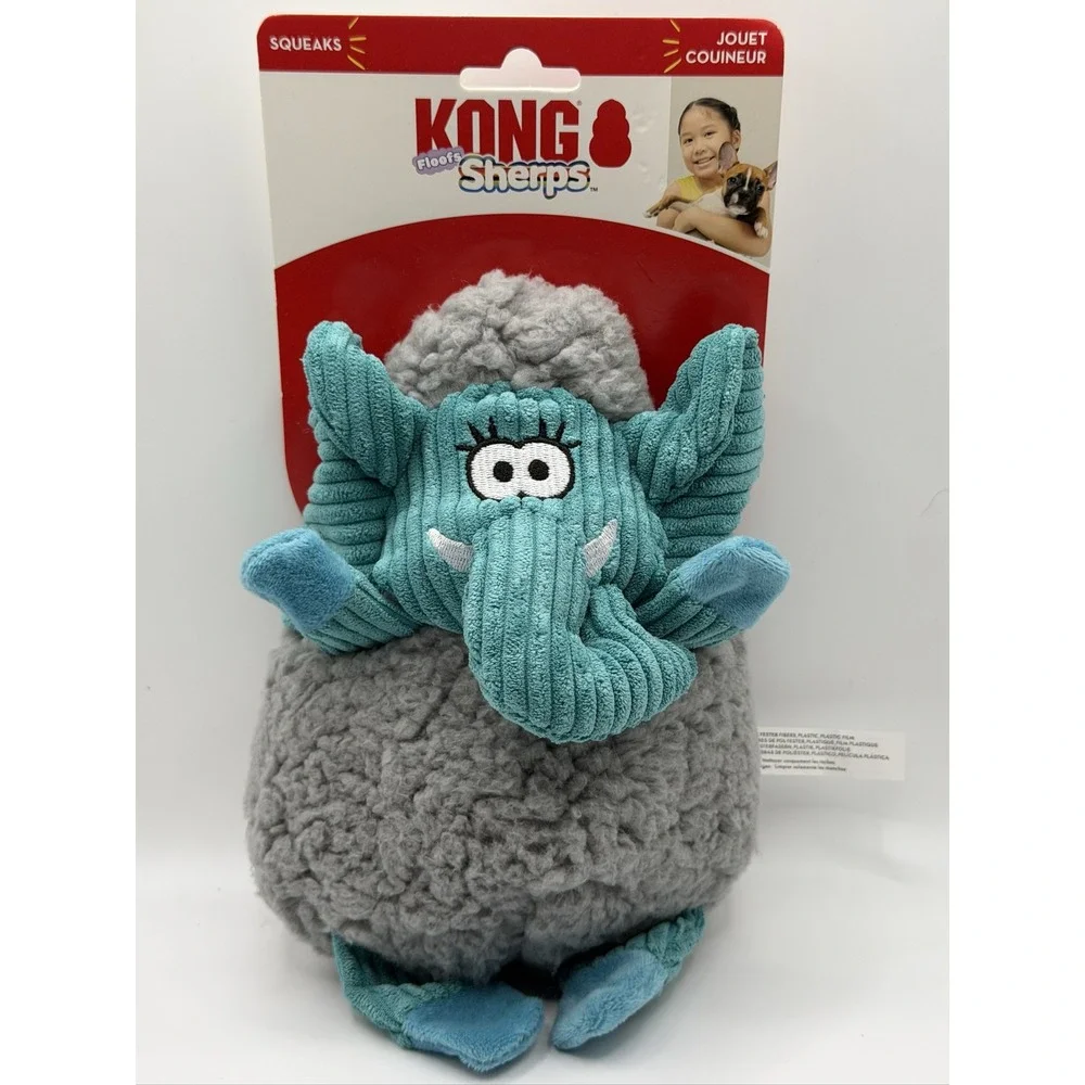 KONG Floofs Sherps Elephant Dog Toy Medium Squeaky Plush RSPF24 Grey Teal